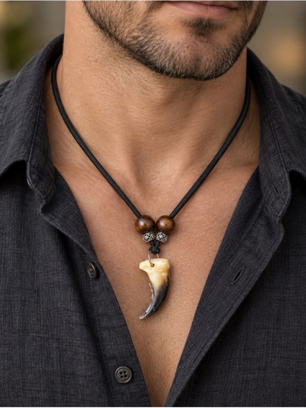 Hand Crafted Black Cord Necklace with Brown Beads and Ivory-Toned Claw Pendant